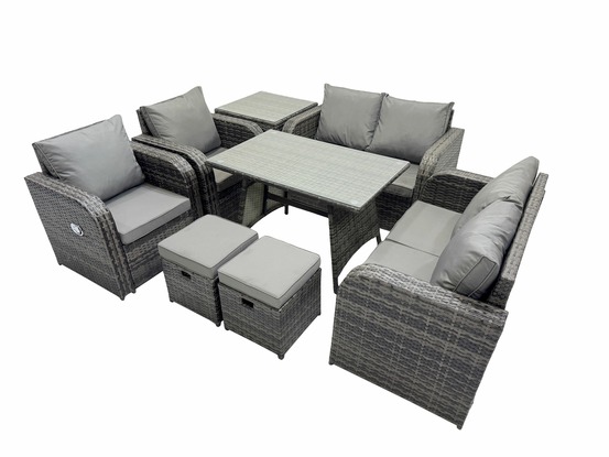 Ensemble de canapé en rotin extérieur avec table à manger rectangulaire table d'appoint 2 petits tabourets gris foncé mixte