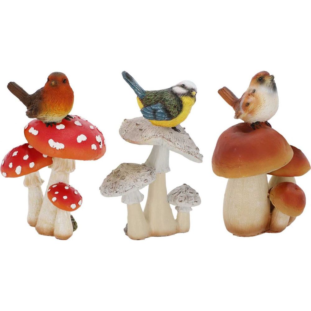 Champignons assortis avec oiseau en polyrésine (lot de 3) taille s