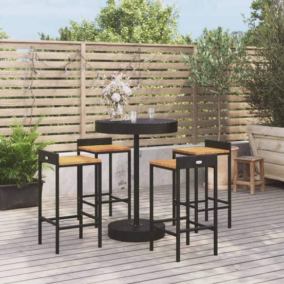 Ensemble de bar jardin 5 pcs noir poly rotin/bois massif acacia