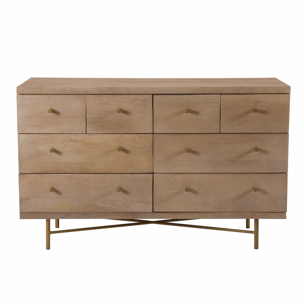 Bran-commode 8 tiroirs en bois de manguier et pieds en métal doré