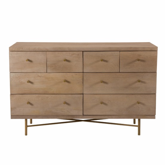 Bran-commode 8 tiroirs en bois de manguier et pieds en métal doré