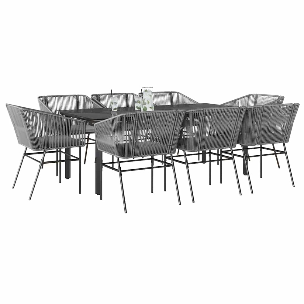 Ensemble à manger jardin coussins 9 pcs gris poly rotin verre