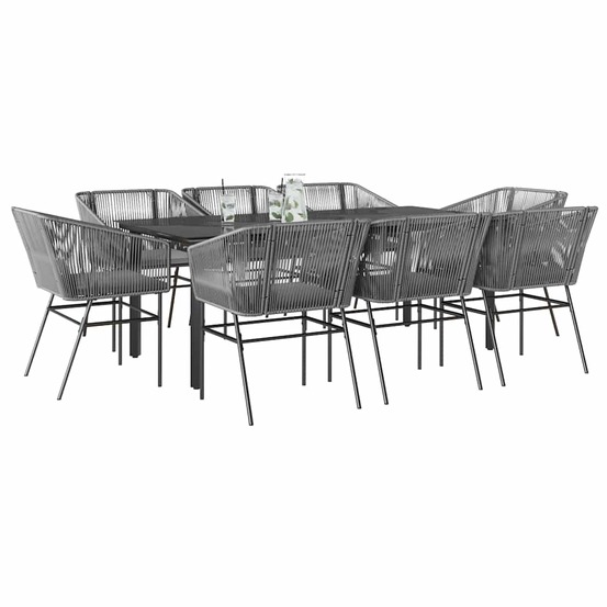 Ensemble à manger jardin coussins 9 pcs gris poly rotin verre