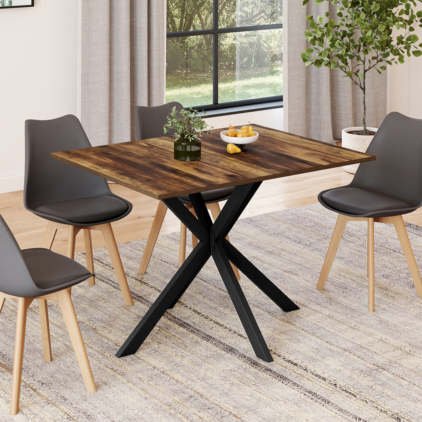 Table à manger rectangle alix 6 personnes pied araignée noir et plateau bois foncé hawkins 110 cm
