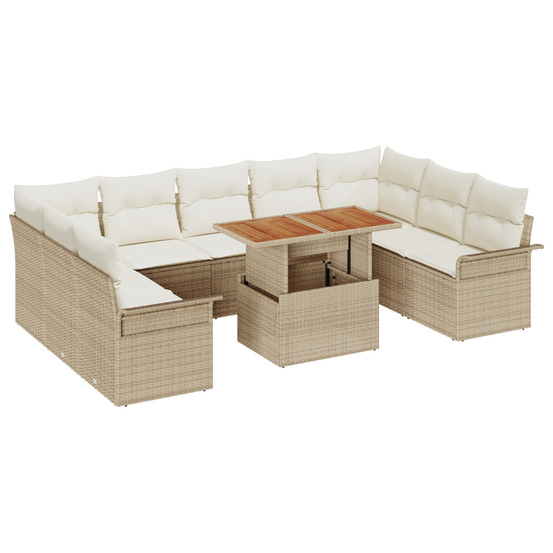 Ensemble de repas de jardin 10 pièces avec coussins beige rotin acacia
