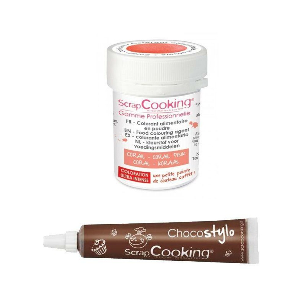 Stylo chocolat + colorant alimentaire en poudre corail