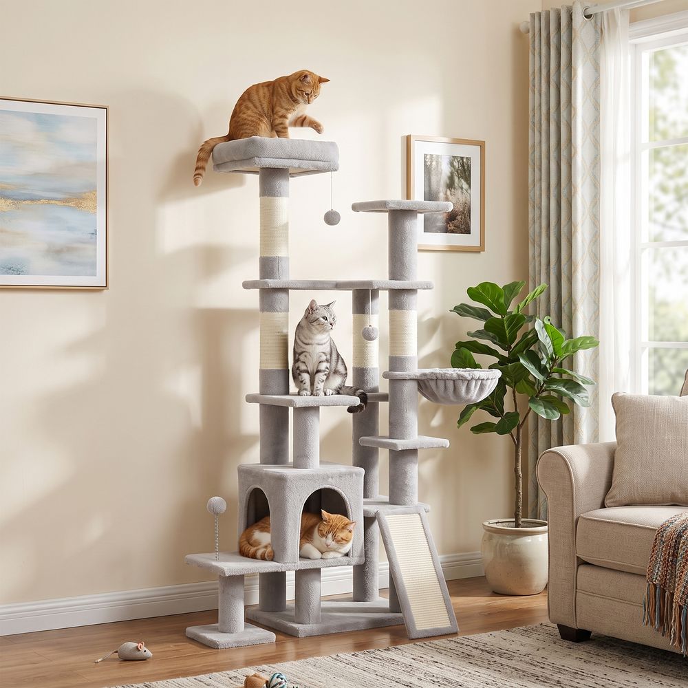 Arbre à chat 5 niveaux 152cm, niche, hamac, plateforme, poteaux à griffer, balles suspendues, gris clair