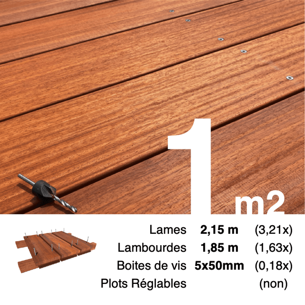 Kit terrasse bois exotique padouk pour 1 m², lames 2,15 m, lambourdes 1,85 m et visserie inox.