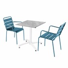 Ensemble table terrasse stratifié marbre et 2 fauteuils bleu pacific