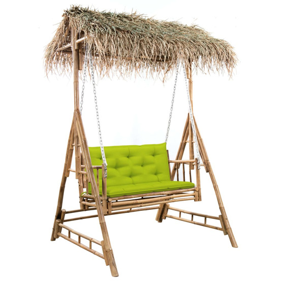 Balancelle 2 places feuilles de palmier et coussin 202cm bambou