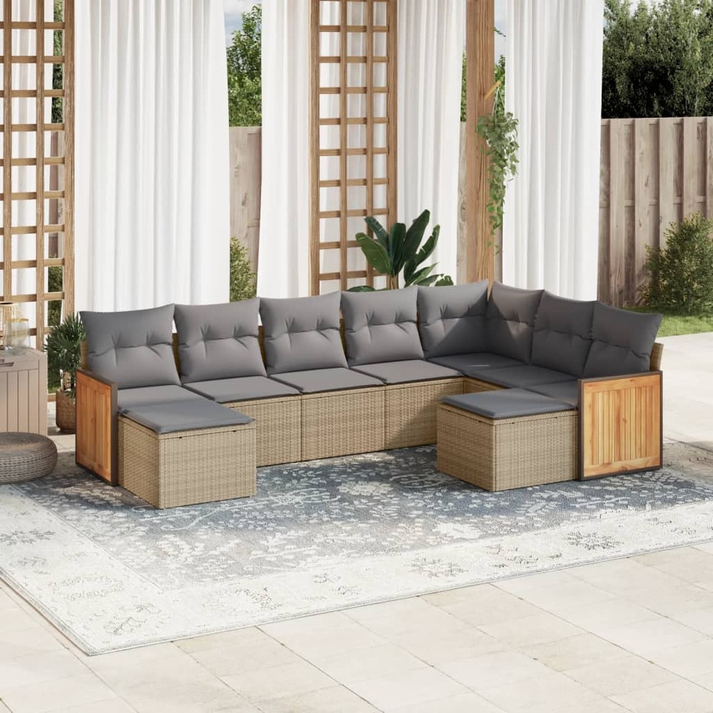Salon de jardin avec coussins 9 pcs beige résine tressée