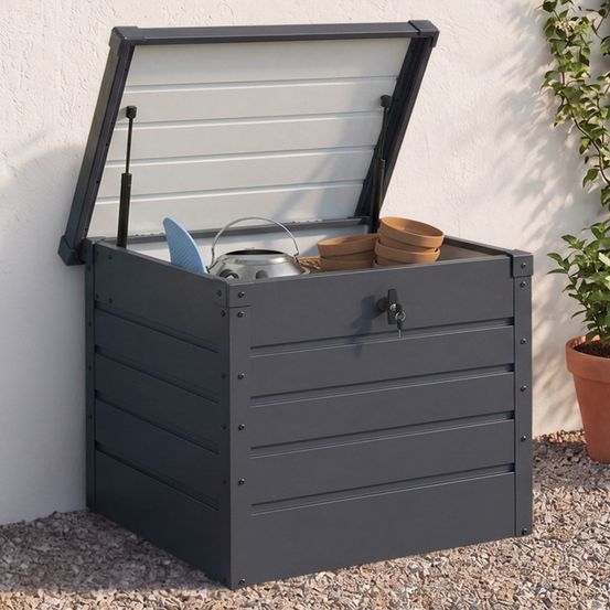 Coffre de rangement métal verrouillable gris anthracite pour jardin 200l 68x62,5x63 cm