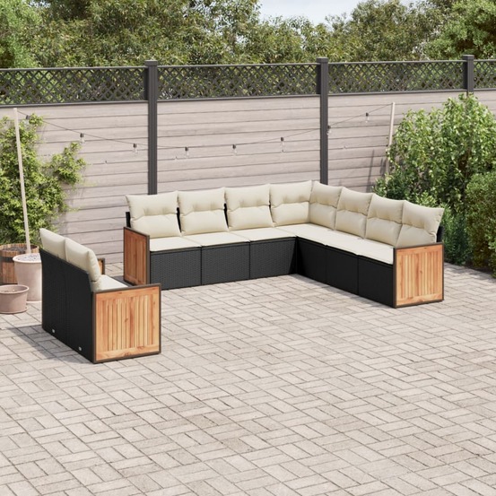Salon de jardin 9 pcs avec coussins noir résine tressée