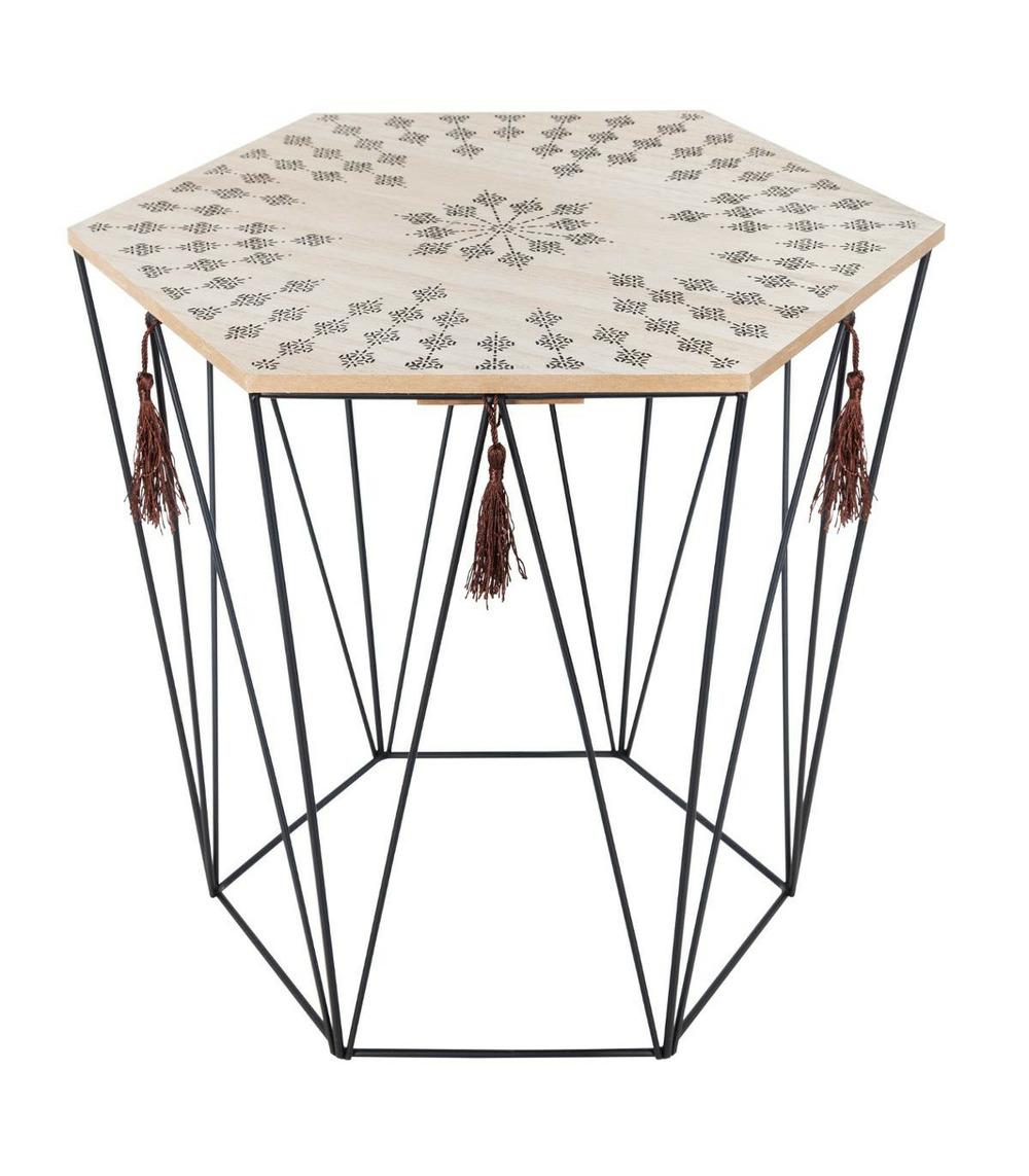 Table à café en métal noir et plateau en bois déco ethnique h 40 cm