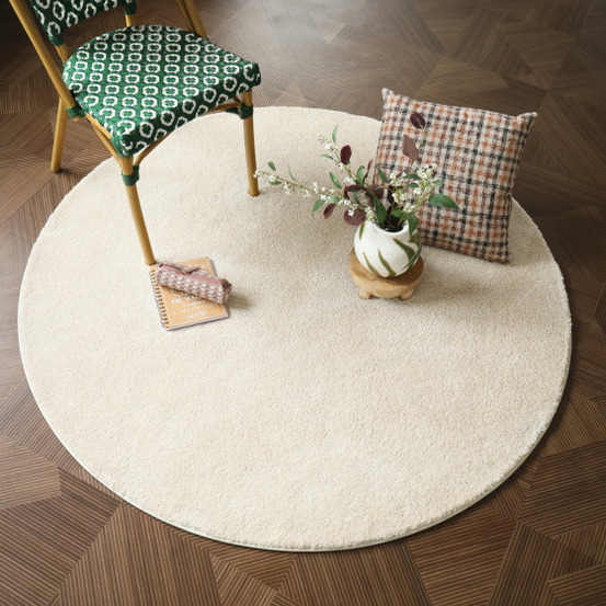 Tapis rond doux poils longs - touch beige clair - galon blanc coton - ø 250 cm