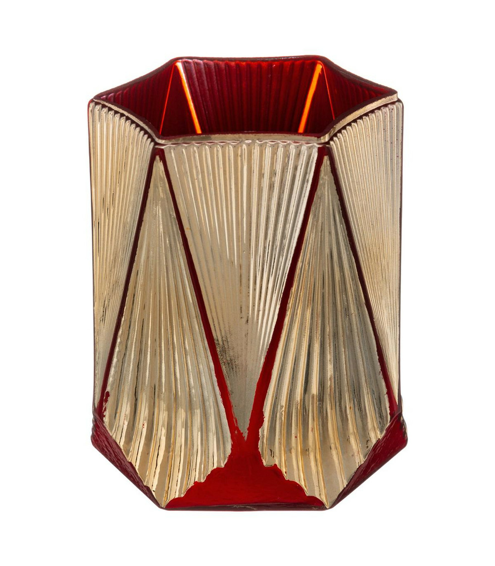 Photophore sur pied feuilles verre rouge/antique or large - J-Line Photophore sur pied feuilles verre rouge/antique or large - J-Line