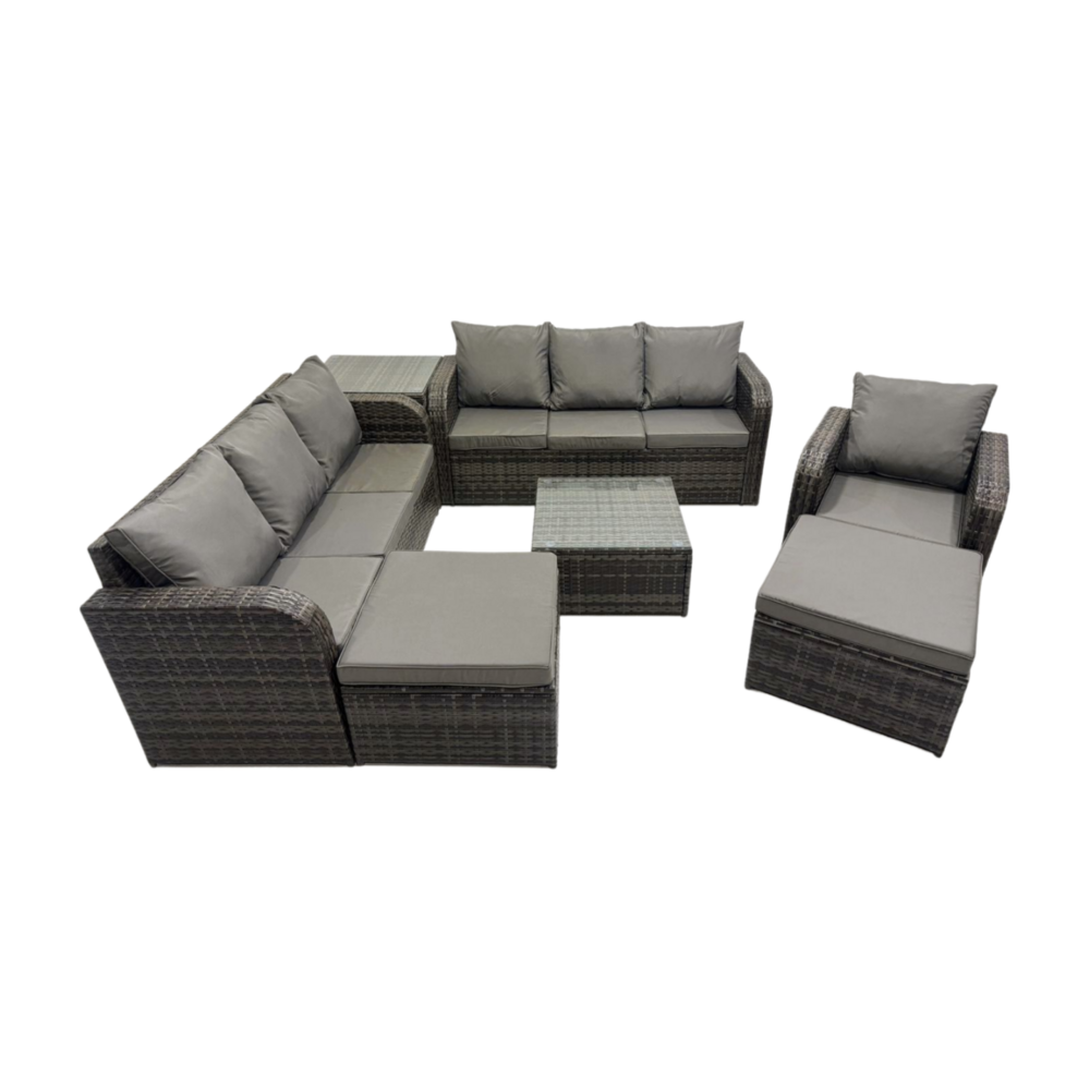 9 places salon de jardin exterieur avec canapés table basse carrée chaise inclinable 2 grand tabourets table d'appoint