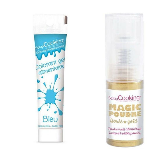 Gel colorant alimentaire bleu + poudre alimentaire irisée dorée