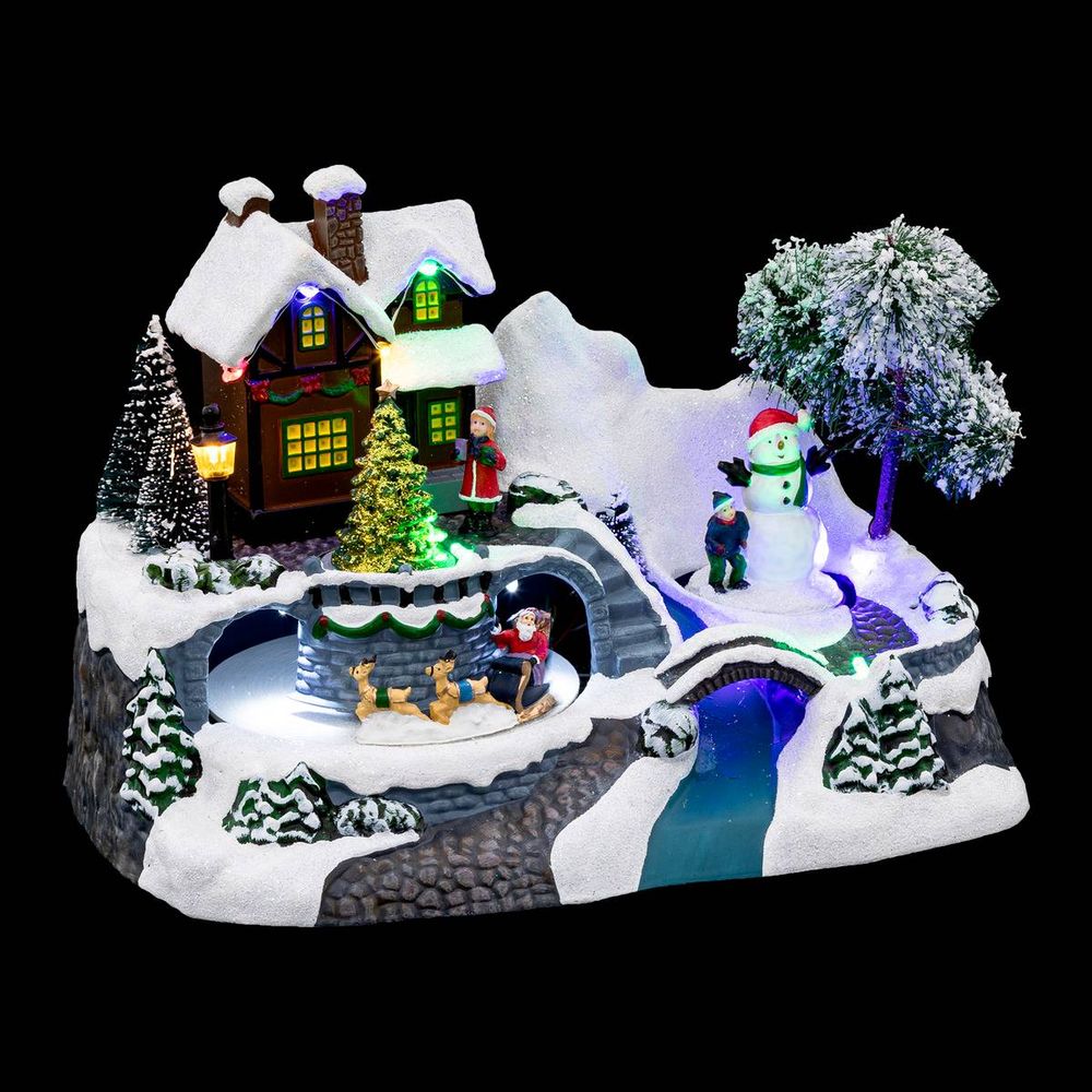 Village lumineux père noël avec traineau et bonhomme de neige 10 led