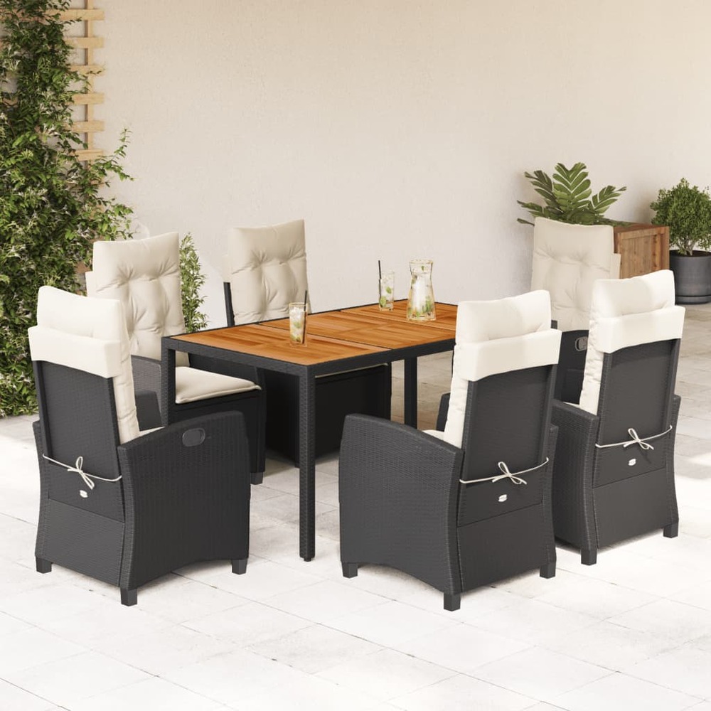 Ensemble à manger de jardin coussins 7pcs noir résine tressée