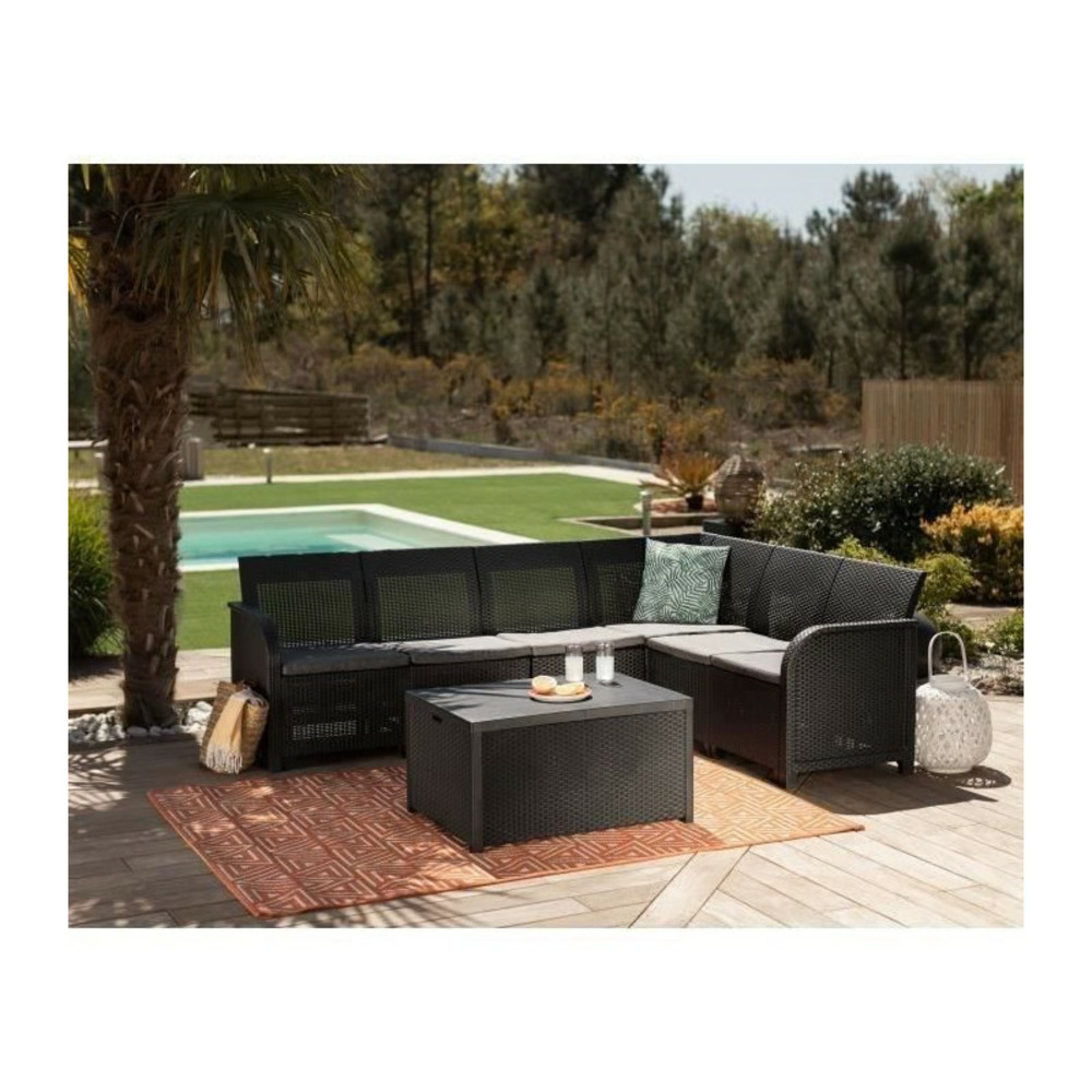 Canape dangle allibert by keter - imitation rotin tresse - 6 personnes - avec table basse range-coussins - gris graphite - sanre
