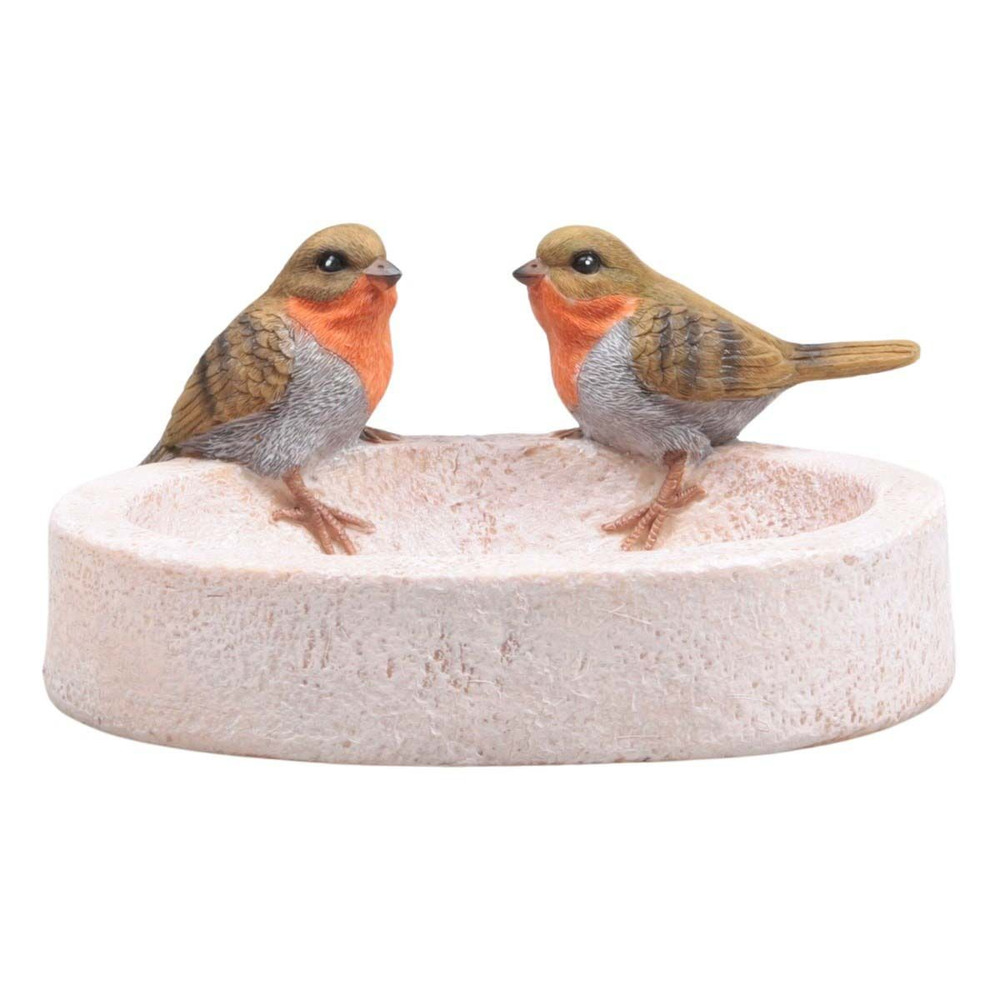 Bain oiseau en résine avec oiseaux 20 x 15 x 10.5 cm rouge gorge