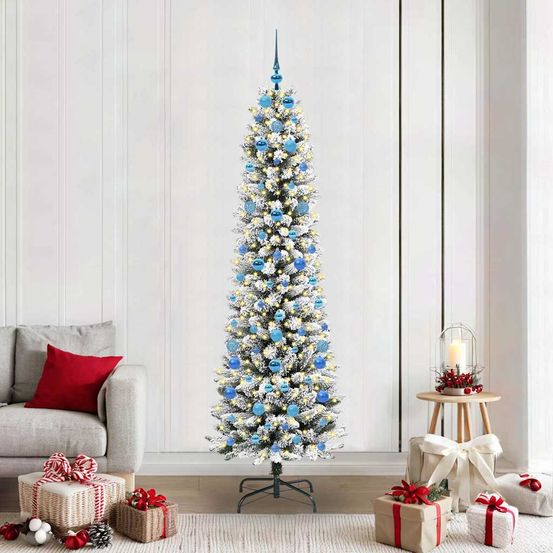 Sapin artificiel floqué 210 cm prêt à décorer, inclus 300 led 8 modes et 120 boules