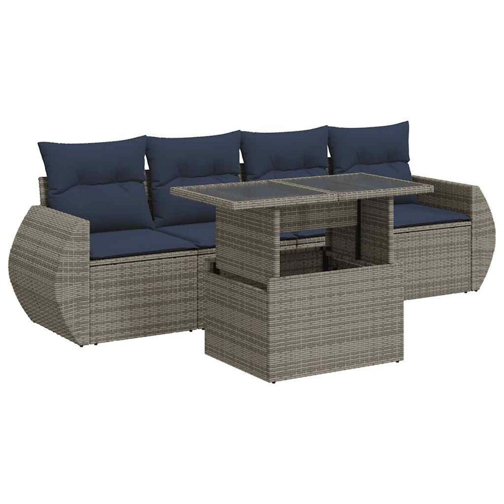 Salon de jardin 5 pcs avec coussins gris résine tressée acacia