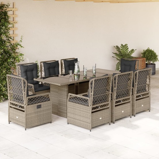 Ensemble à manger de jardin et coussins 9 pcs gris clair rotin