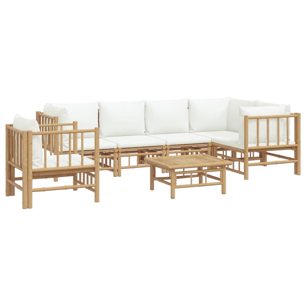 Salon de jardin meuble d'extérieur ensemble de mobilier 7 pièces avec coussins blanc crème bambou