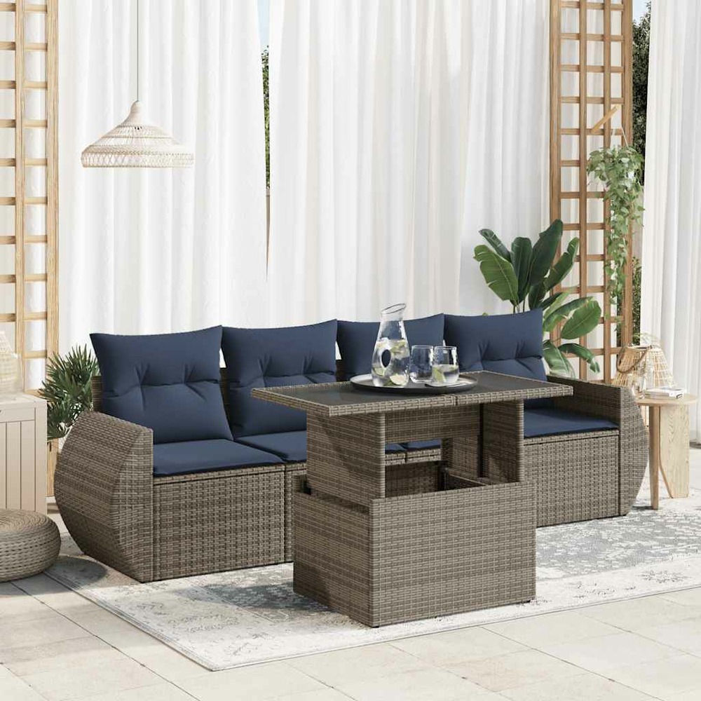 Salon de jardin 5 pcs avec coussins gris résine tressée acacia