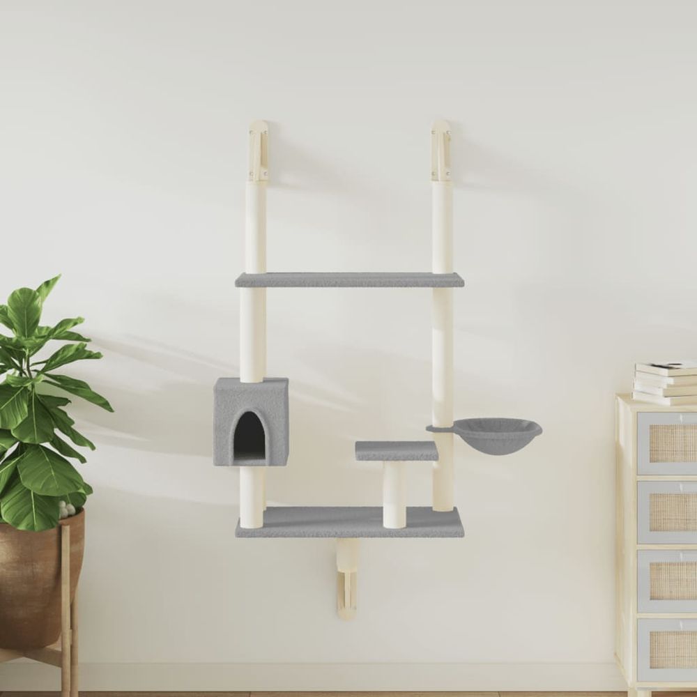 Arbre à chat mural en bois et sisal avec panier et niche gris clair 153 cm