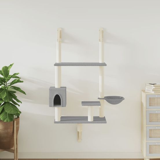 Arbre à chat mural en bois et sisal avec panier et niche gris clair 153 cm