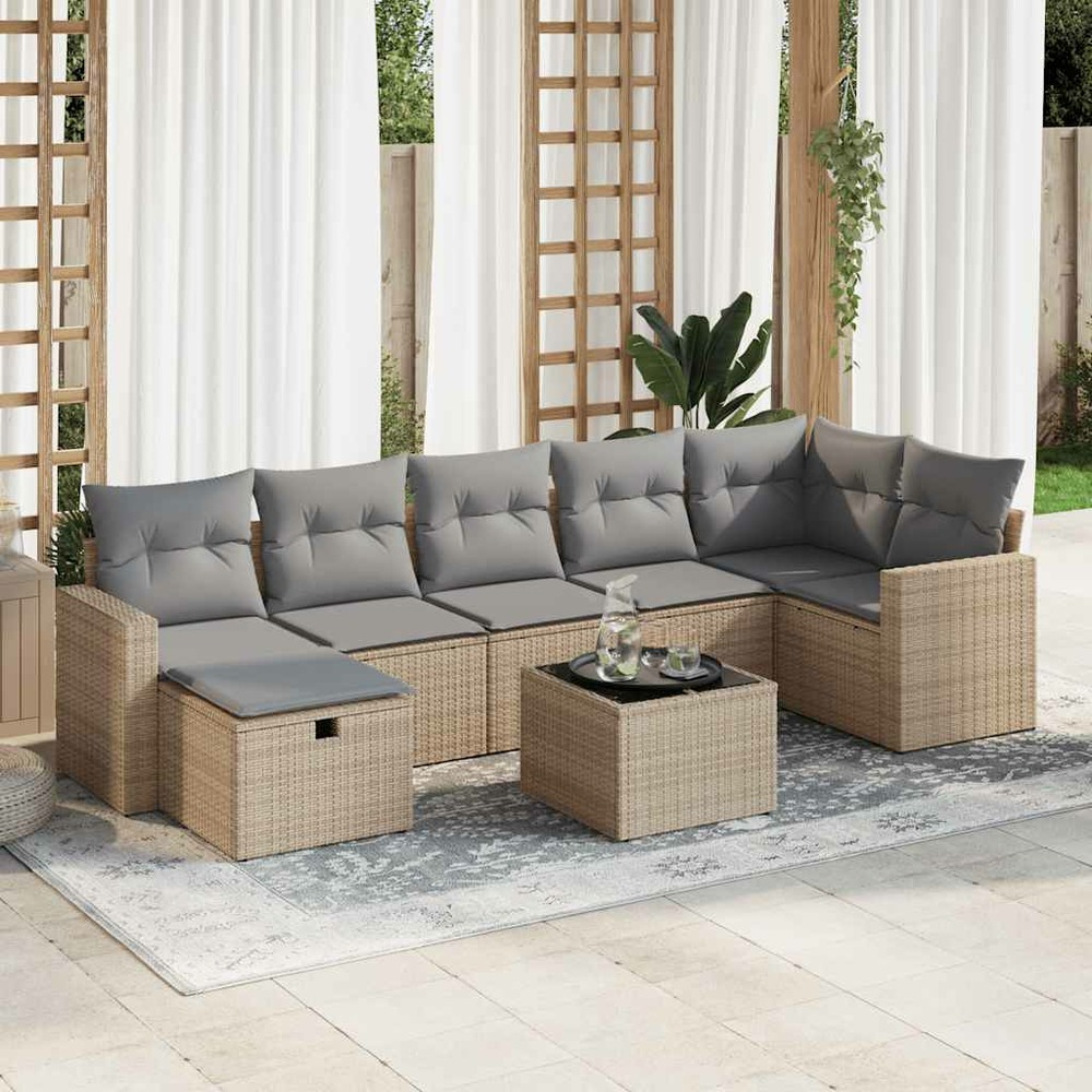 Salon de jardin avec coussins 8 pcs beige résine tressée