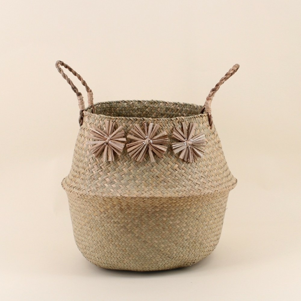 Panier en fibres naturelles avec pompons 38x33cm