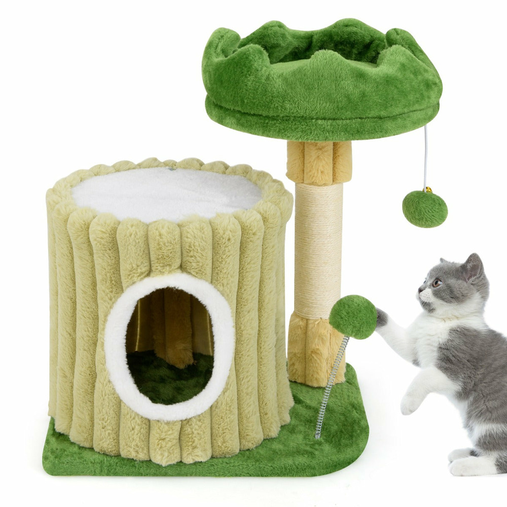 Arbre à chat avec perchoir rembourré 93 x 60 x 60 cm divertissement pour chats ambiance cosy en mdf vert