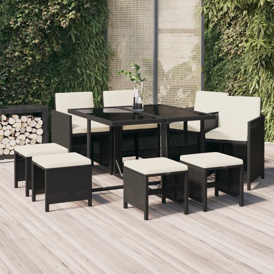 Ensemble à manger de jardin coussins 9pcs résine tressée noir