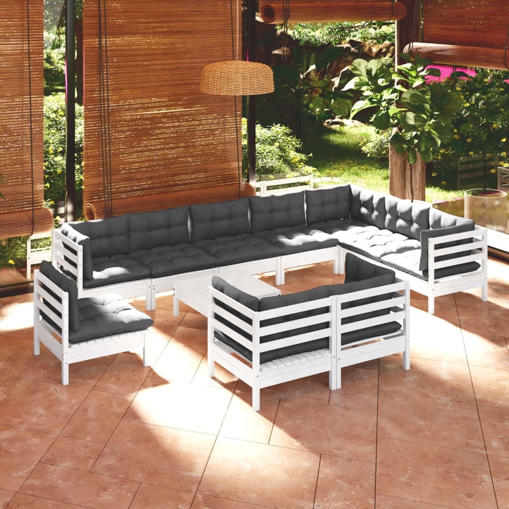 Salon de jardin 11 pcs avec coussins blanc bois de pin solide