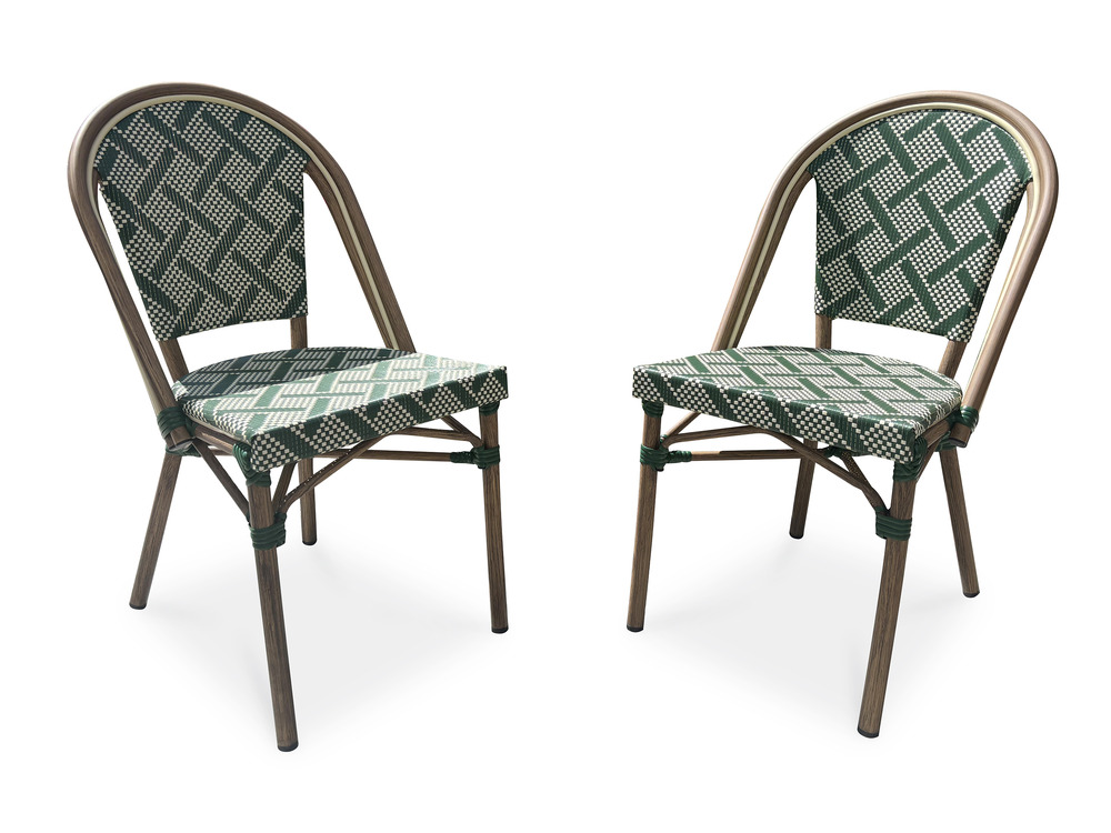 Lot de 2 fauteuils bistro en aluminium et textilène vert et blanc