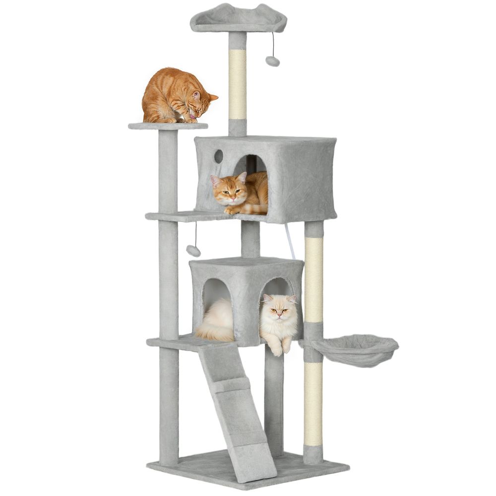 Grand arbre à chat 180cm tour de jeu avec 2 niches hamac et plateformes gris clair