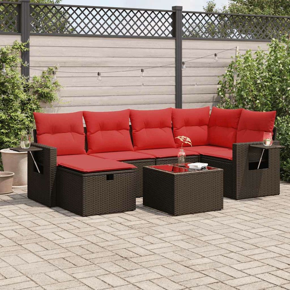 Salon de jardin avec coussins 7 pcs marron résine tressée