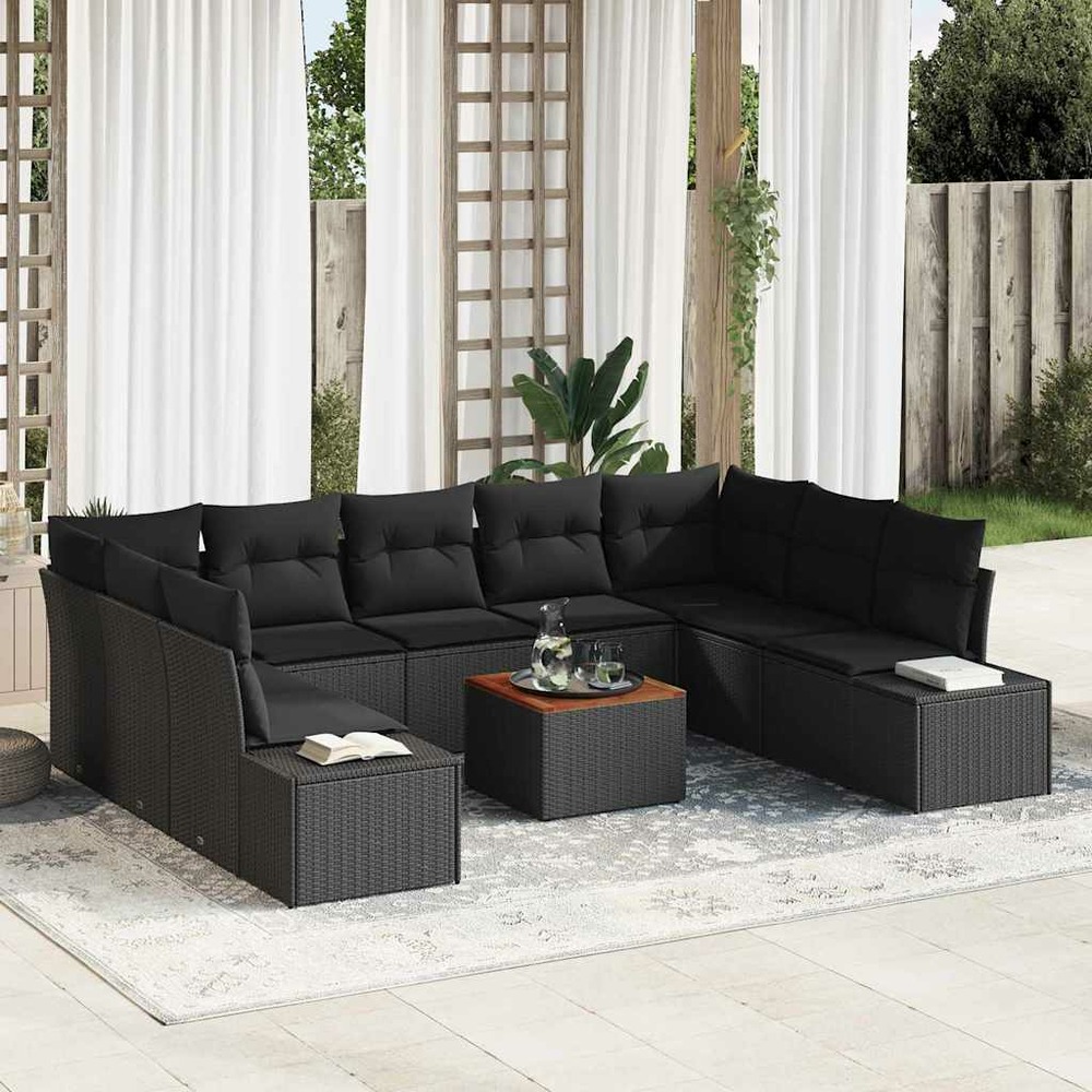 Ensemble de canapé de jardin avec coussin 10 pcs noir polyrotin