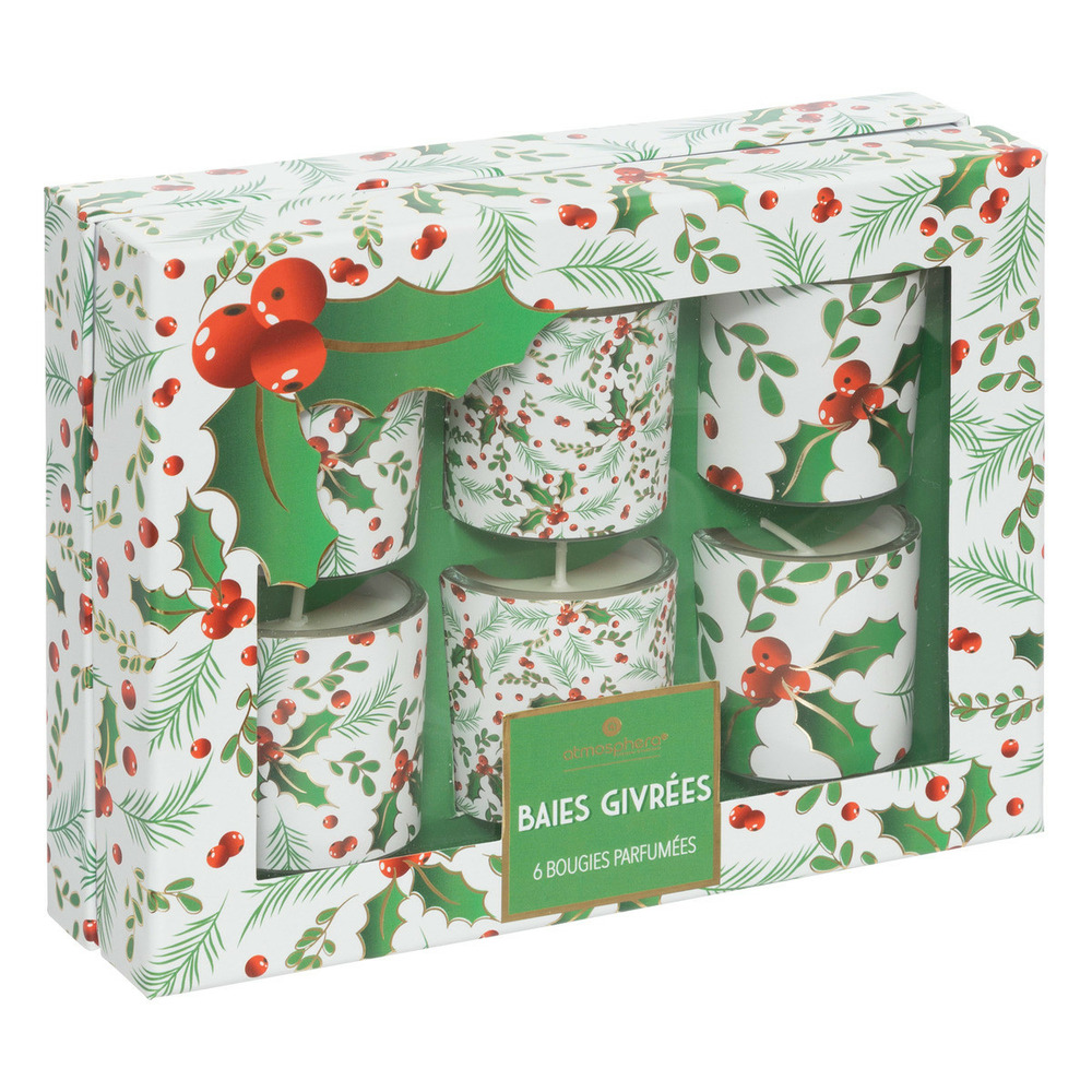 Lot de 6 bougies parfumées dans photophores en verre 240g houx et baies givrées