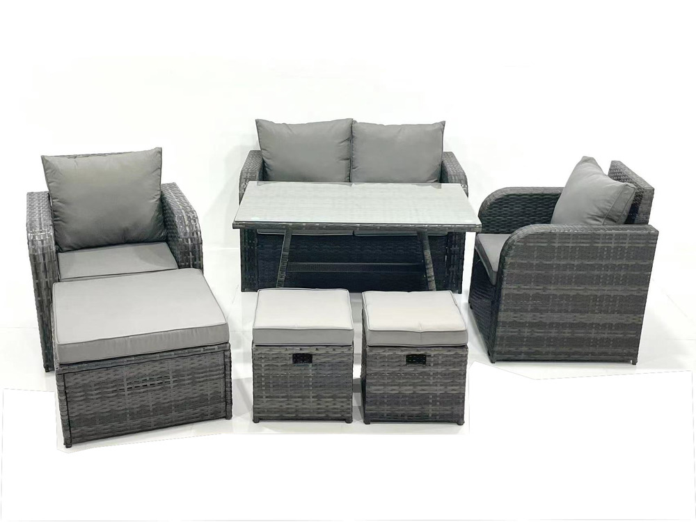Ensemble de meubles de jardin en polyrotin rattan canapé avec table à manger chaise inclinable 3 tabourets gris foncé mixte