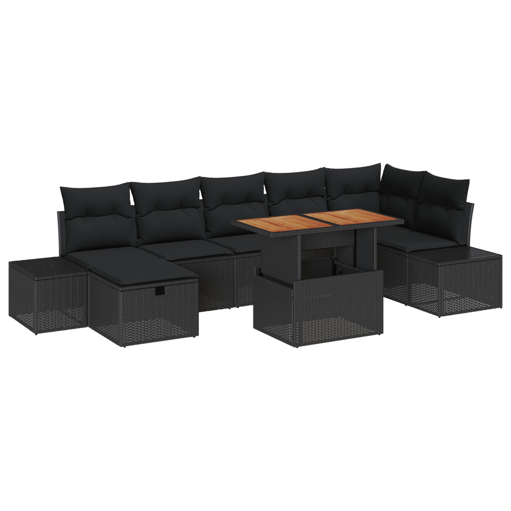 Ensemble de canapé de jardin 8 pièces avec coussins noir poly rattan