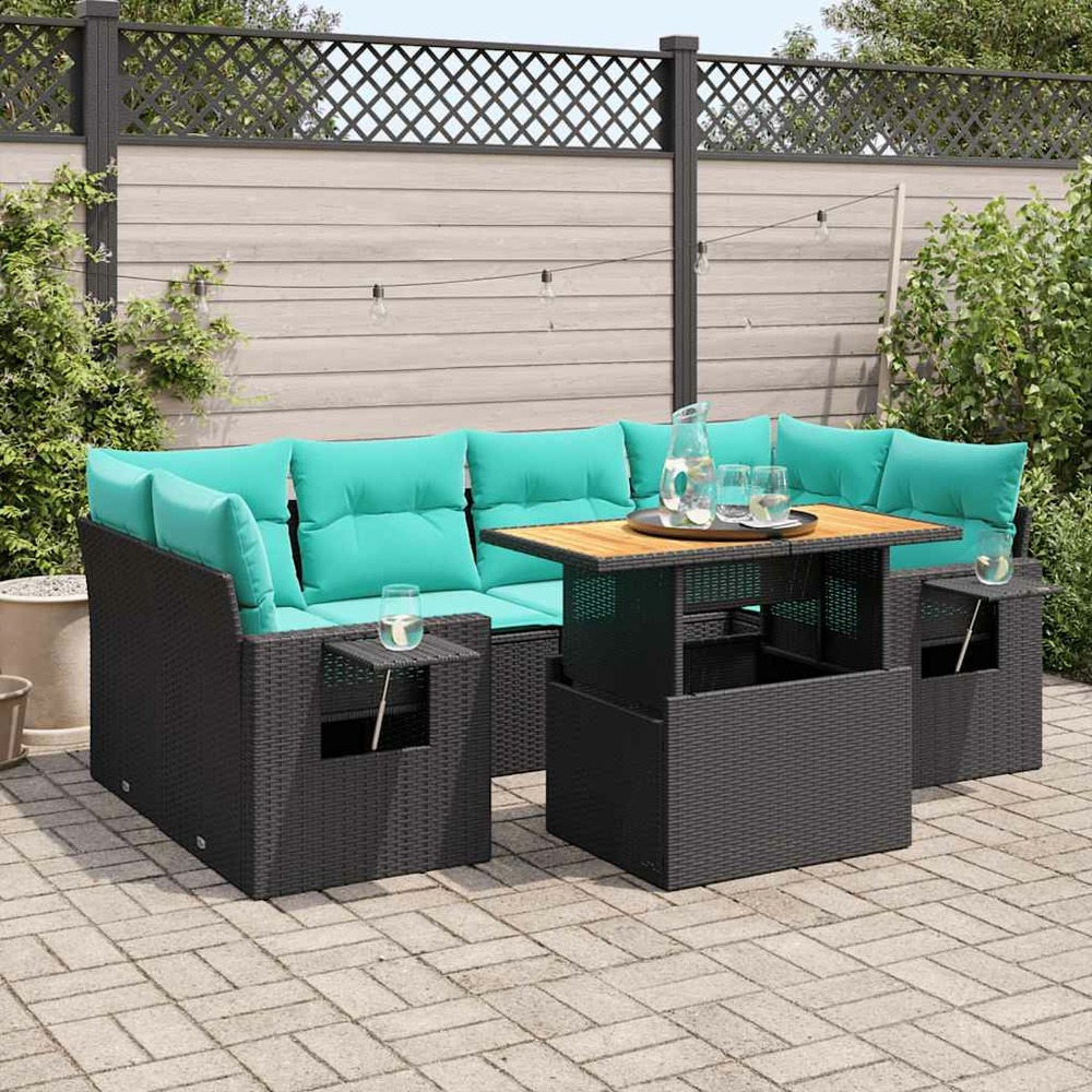 Salon de jardin 7 pcs avec coussins noir résine tressée