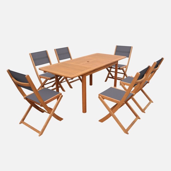 Table de jardin extensible bois d'eucalyptus + 6 assises 120/180cm - arbo + almeria