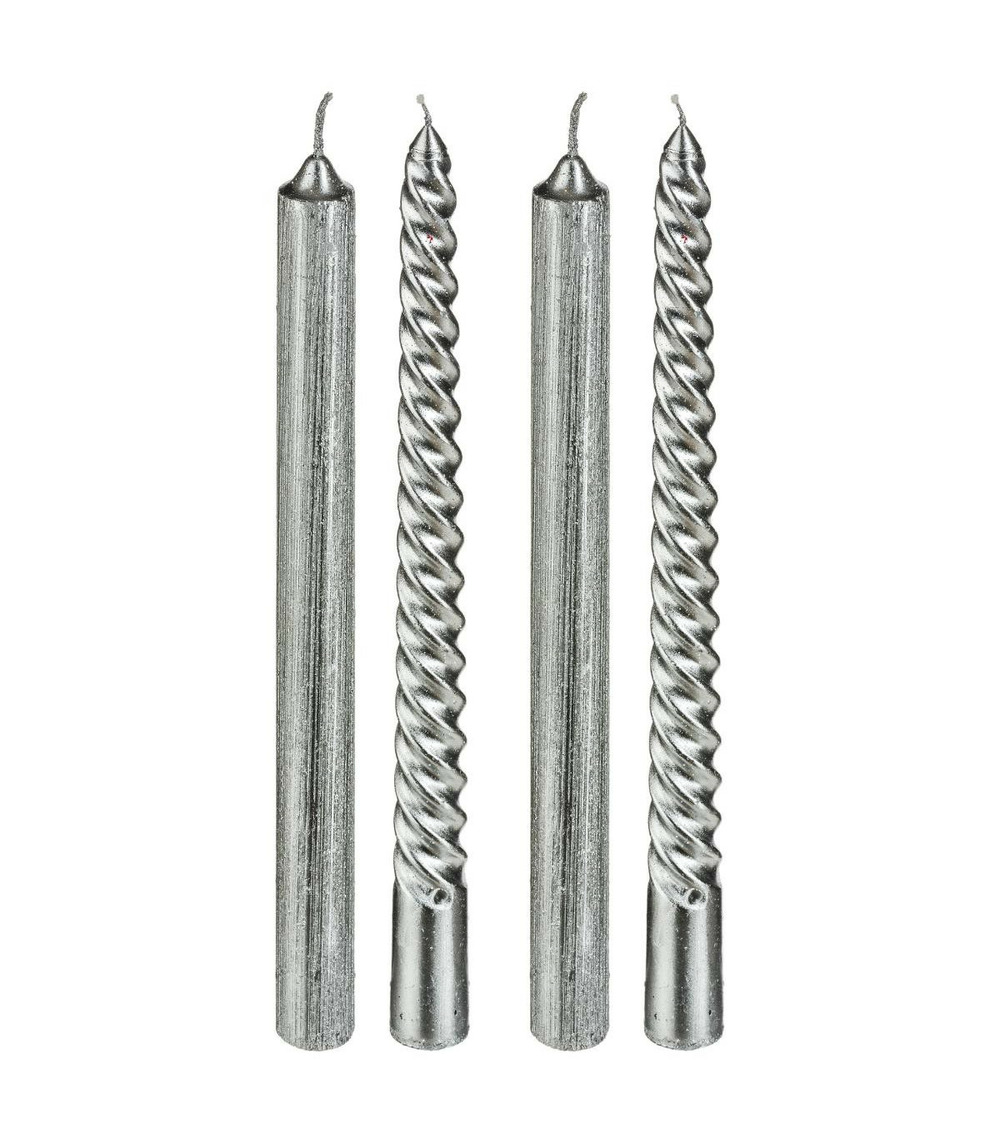 Lot de 4 bougies bâtons pailleté et twisté argent h 25 cm