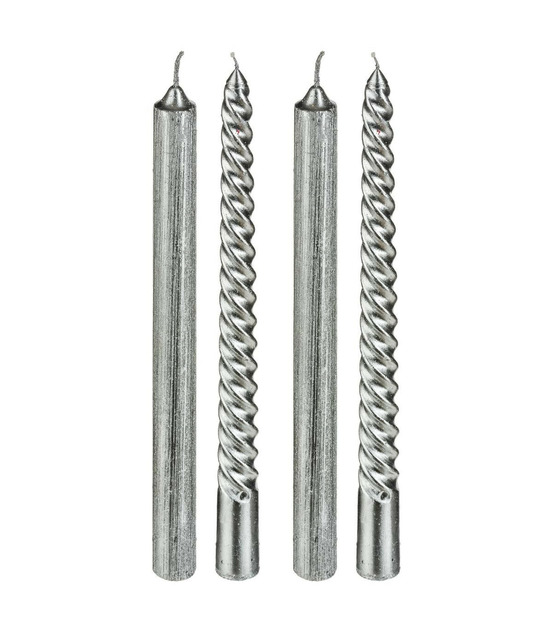 Lot de 4 bougies bâtons pailleté et twisté argent h 25 cm