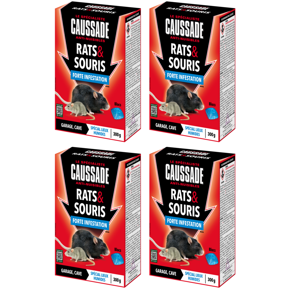 Caussade anti rats & souris – forte infestation – lieux humides – 40 blocs appâts – prêt à l’emploi – action en 1 ingestion